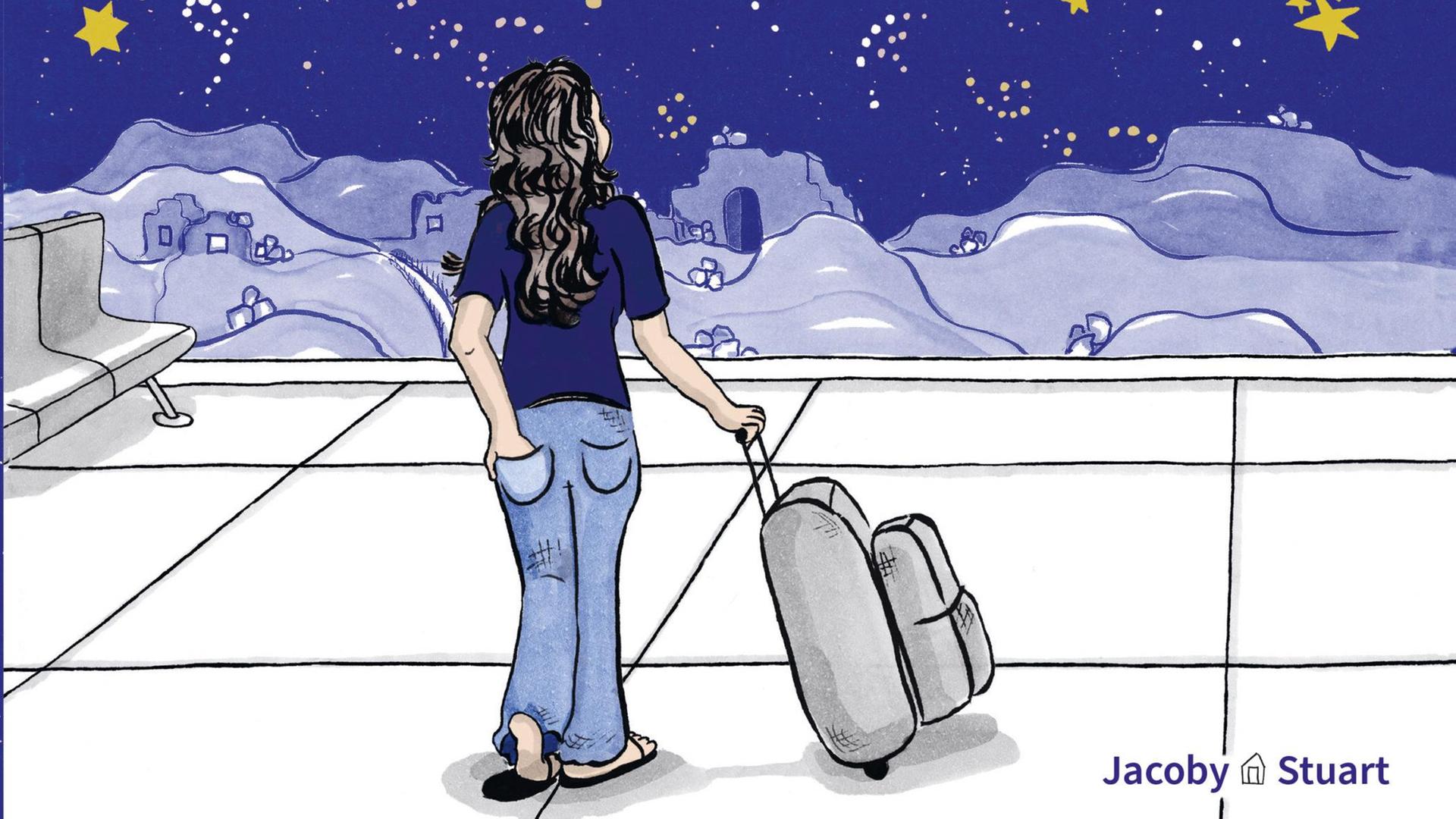 Zu sehen ist eine gezeichnete Frau mit Koffer, die dem Betrachtenden den Rücken zuwendet und in den Sternenhimmel schaut. 