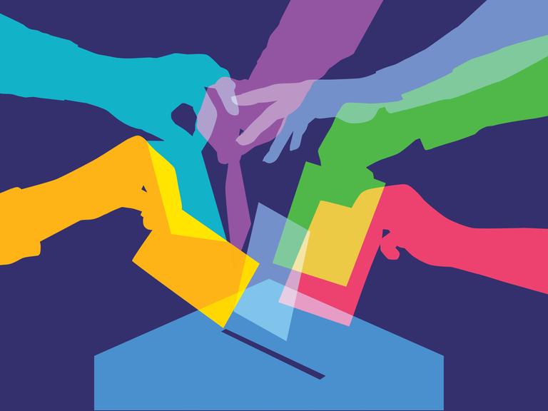 Illustration: Eine Wahlurne mit vielen farbigen Wahlzetteln.