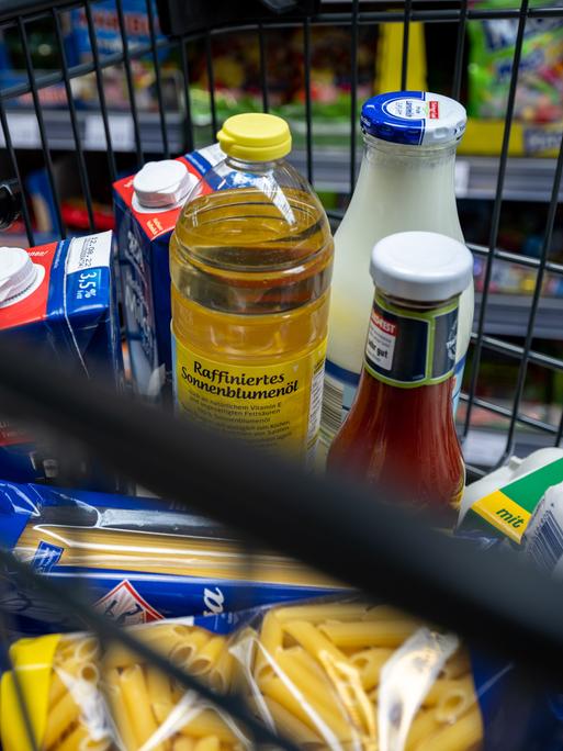 Lebensmittel liegen in einem Einkaufswagen in einem Supermarkt in Leipzig. Die Preise für Lebensmittel sind in den vergangenen Monaten bereits gestiegen und könnten noch weiter ansteigen .