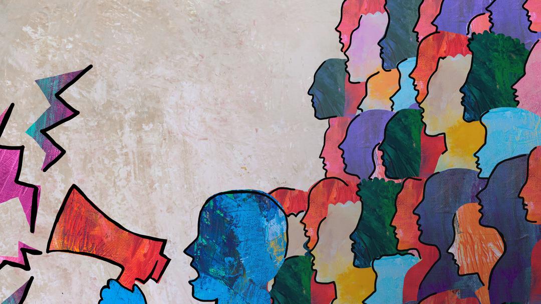 Illustration: verschiedene menschliche Profile die sich überlappen, vordergründig das Profil einer Person mit Megafon