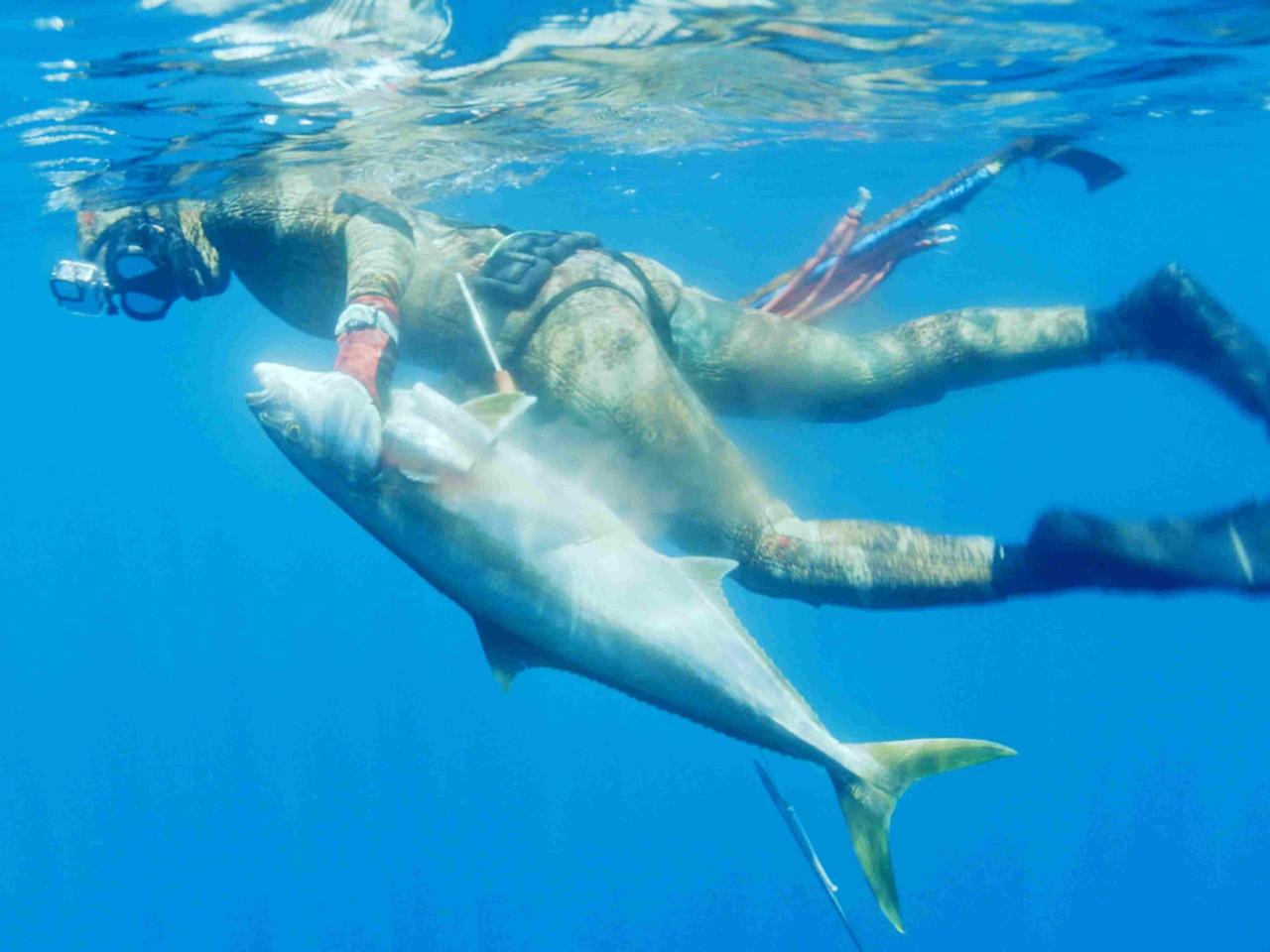 Speerfischerin Mitsuki Hara unter Wasser mit einem gefangenen Speerfisch