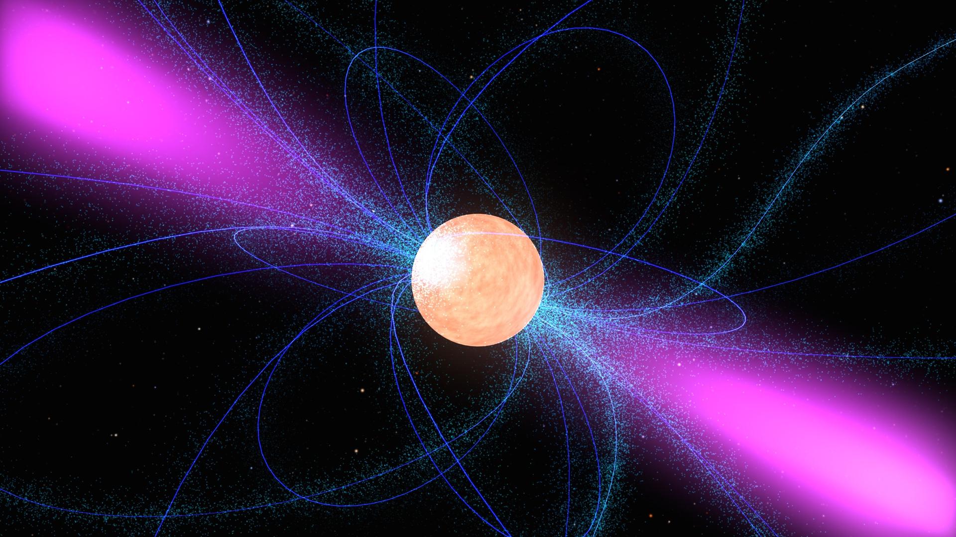Die Illustration eines Pulsars: Man sieht einen kugelförmigen Körper umgegeben von Rotationslinien, links und rechts sieht man zwei Leuchtkegel.