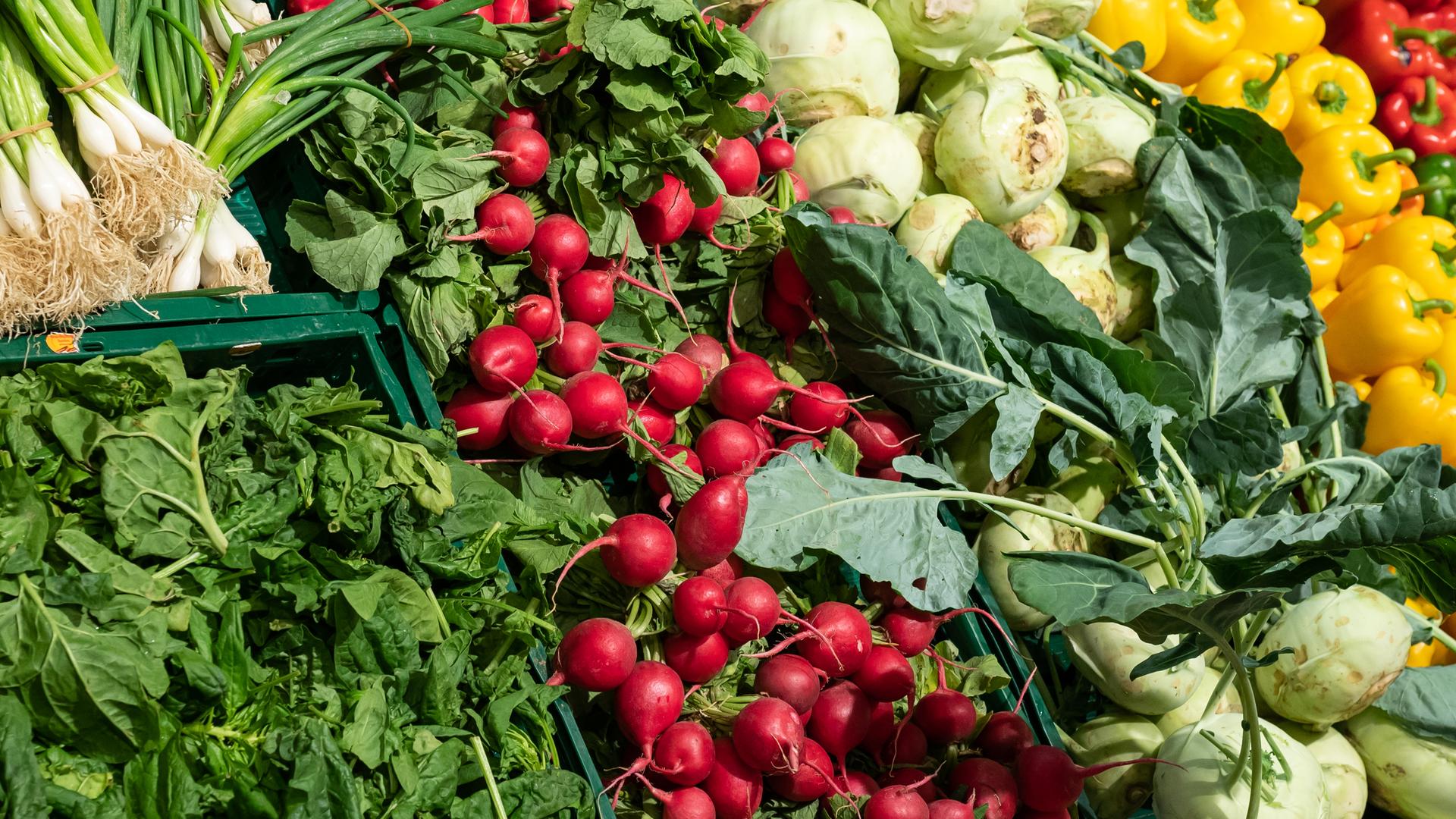 Verschiedene Gemüse liegen in einer Edeka-Filiale in der Obst- und Gemüseabteilung zum Verkauf aus. Verschiedene Gemüse liegen in einer Edeka-Filiale in der Obst- und Gemüseabteilung zum Verkauf aus.