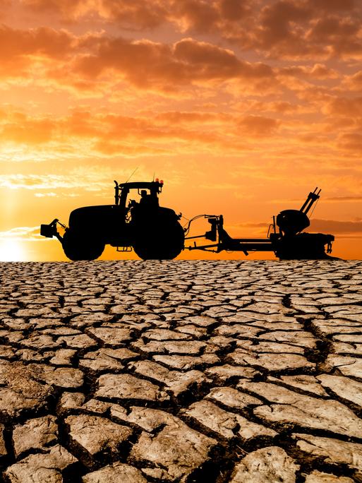Auf einem völlig ausgetrockneten erdboden ist ein Traktor mit landwirtschaftlichem Anhänger vor untergehender Sonne zu erkennen.