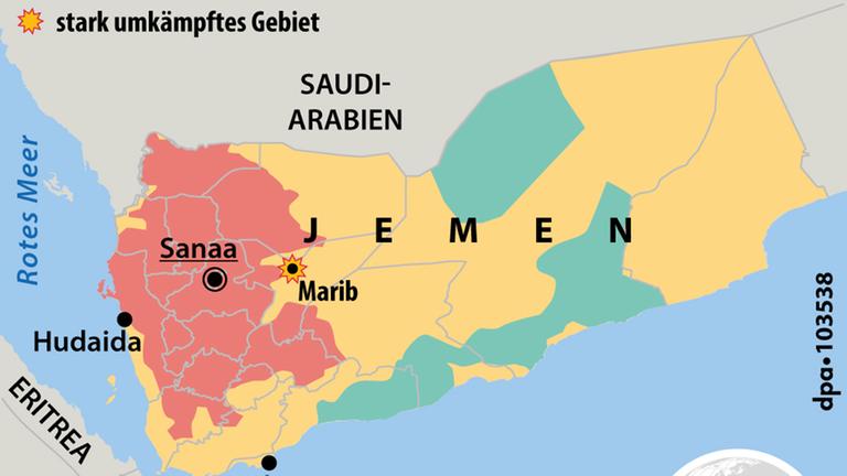 Eine Landkarte mit den Konfliktparteien im Jemen