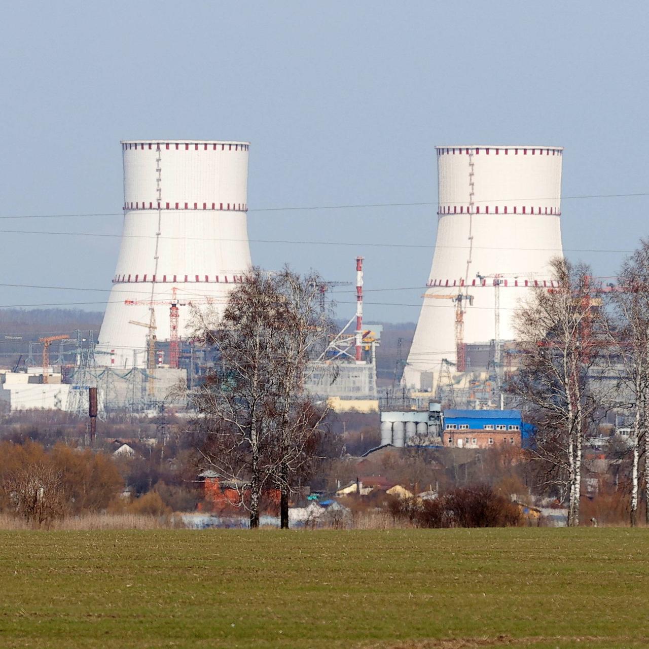 Das Atomkraftwerk Kursk in Russland: Man sieht zwei Kühltürme. Das AKW ist von elektrischen Leitungen umgeben. 
