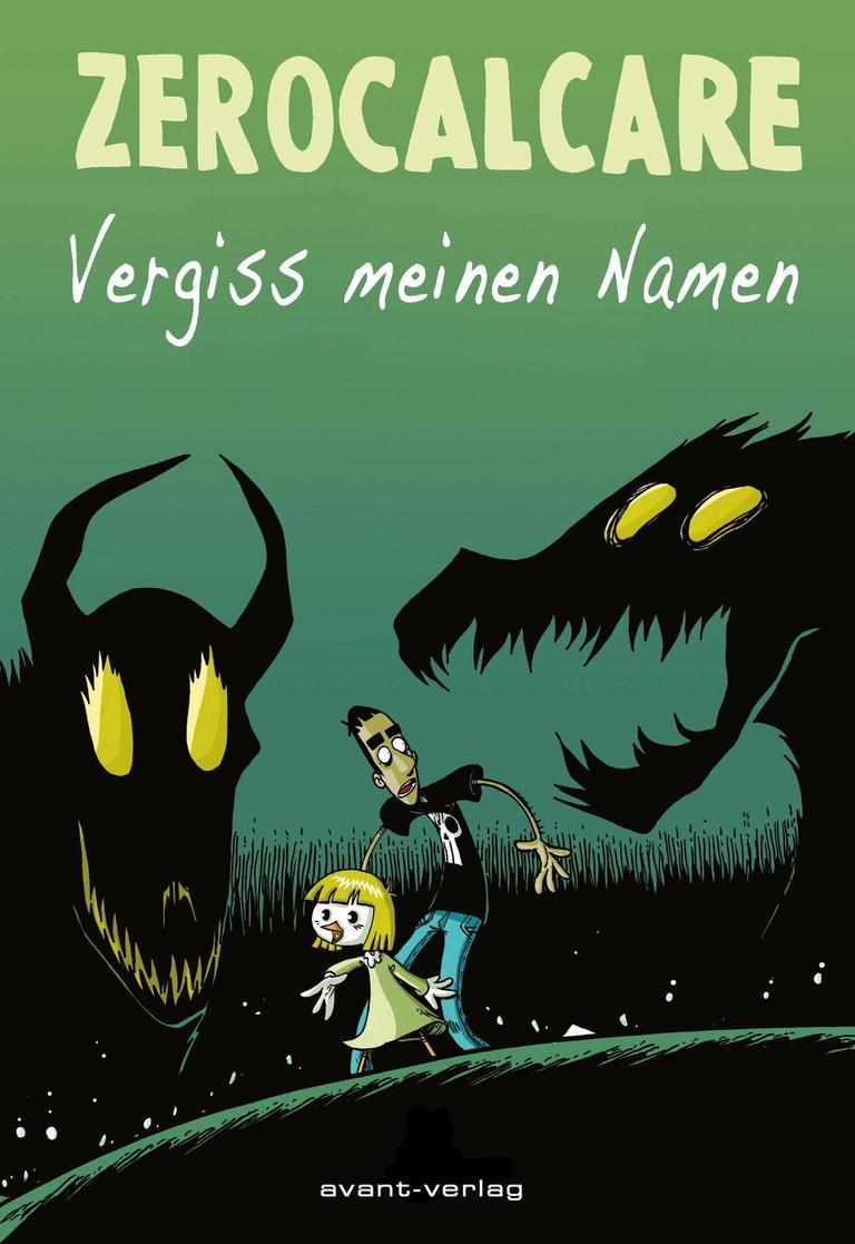 Das Cover des Comic "Vergiss meinen Namen" von Zerocalcare zeigt eine typische Comicszene: Zwei Comicfiguren schauen sich schreckhaft um, weil in den Schatten Monster auf sie lauern.