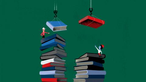 Die Illustration zeigt diverse Menschen, die mit technischen Hilfsmitteln einen ziemlich großen Bücherstapel aufbauen