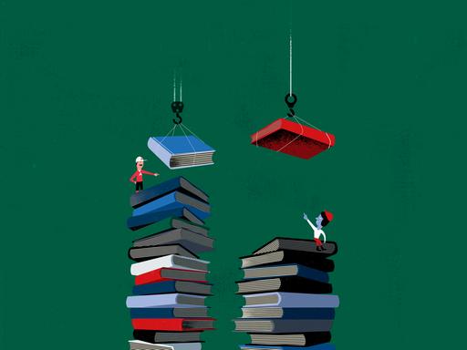 Die Illustration zeigt diverse Menschen, die mit technischen Hilfsmitteln einen ziemlich großen Bücherstapel aufbauen