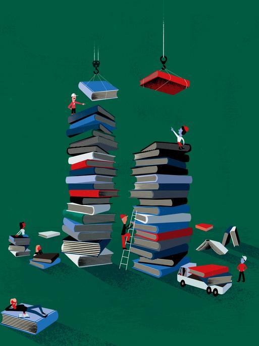 Die Illustration zeigt diverse Menschen, die mit technischen Hilfsmitteln einen ziemlich großen Bücherstapel aufbauen