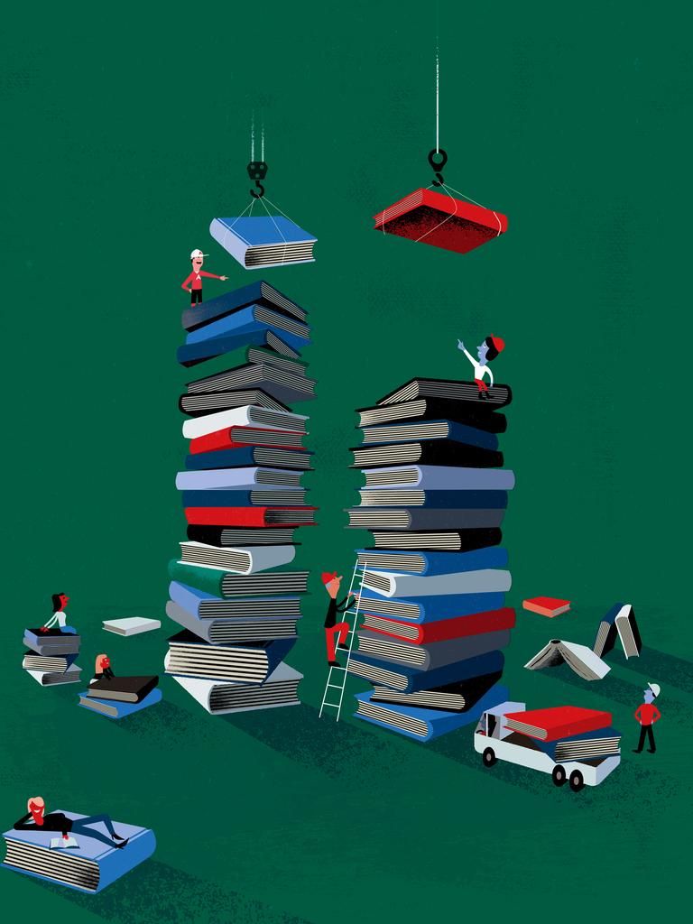 Die Illustration zeigt diverse Menschen, die mit technischen Hilfsmitteln einen ziemlich großen Bücherstapel aufbauen