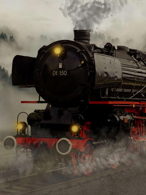 Eine fahrende Dampflokomotive, im Hintergrund Wald.