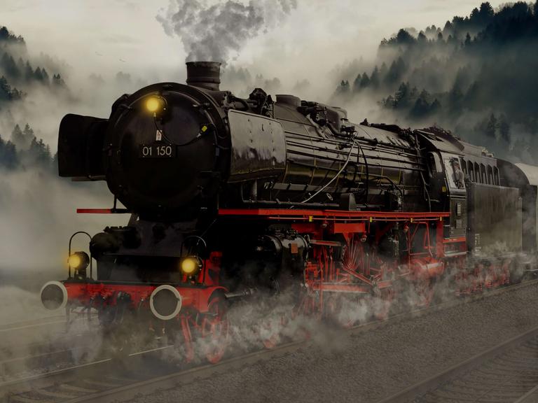 Eine fahrende Dampflokomotive, im Hintergrund Wald.