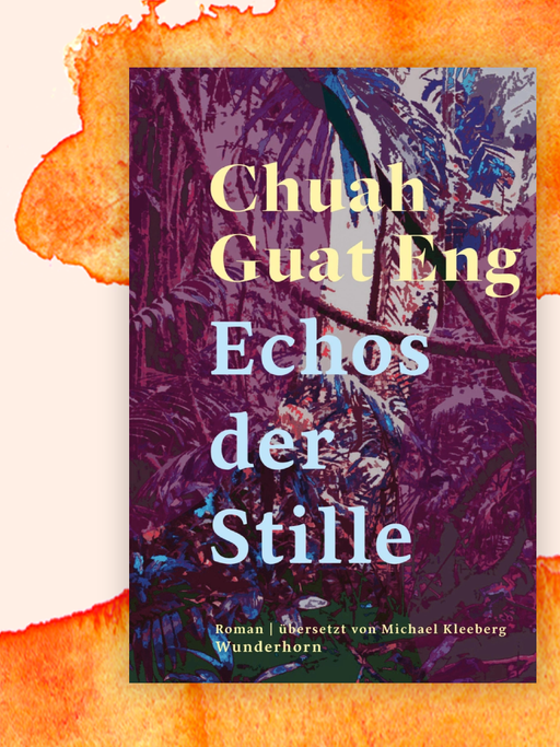 Das Cover des Krimis von Chuah Guat Eng, "Echos der Stille". Es zeigt vor mehrfarbigen, strukturierten Hintergrund die Namen von Autor und Übersetzer sowie den Titel. Der Krimi ist auf der Krimibestenliste von Deutschlandfunk Kultur.