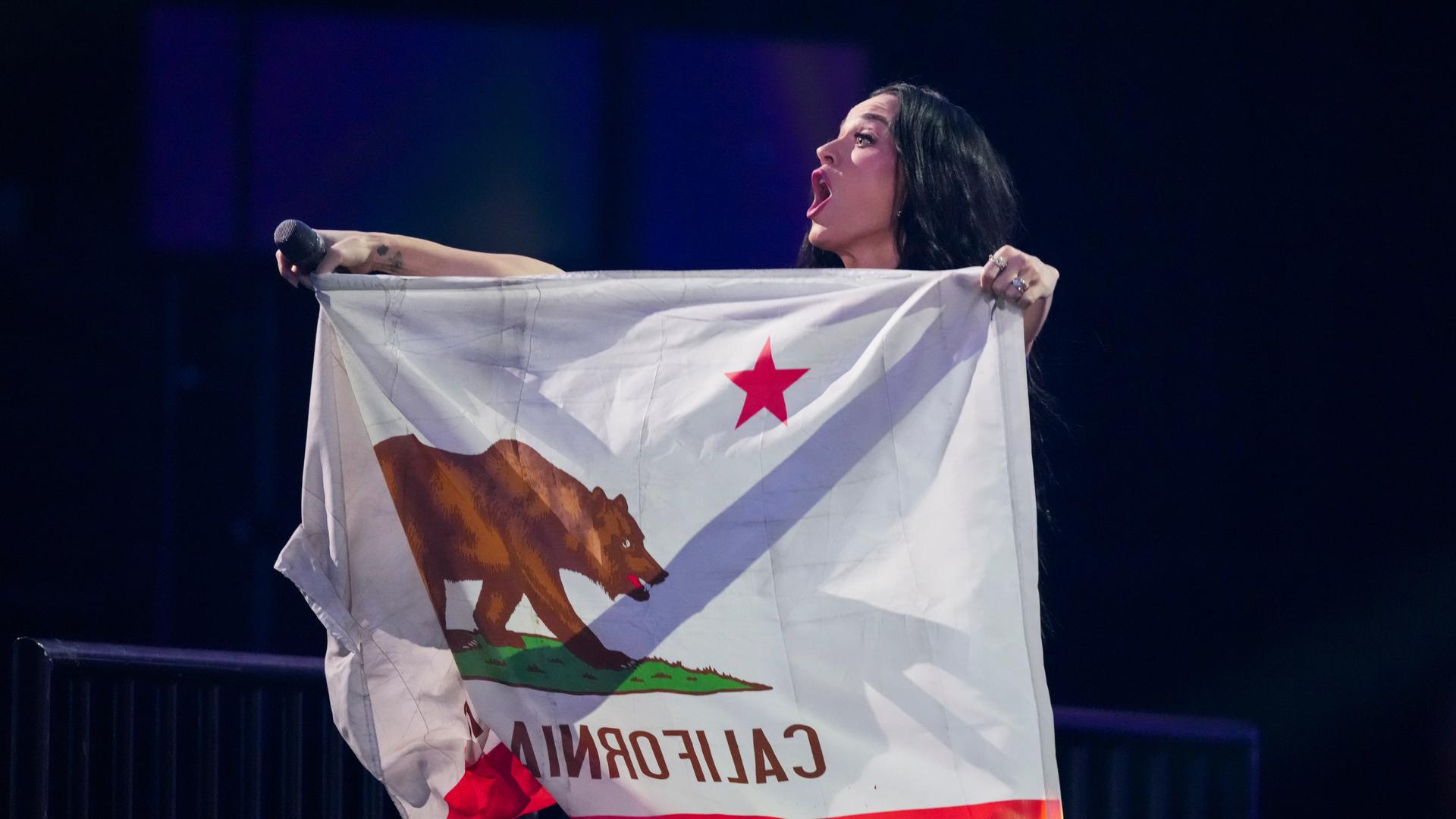 Katy Perry hält während des "FireAid"-Benefizkonzerts im Intuit Dome die Bear Flag, die Flagge Kaliforniens, hoch. 