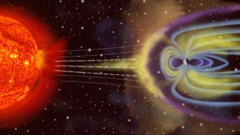 Eine nicht maßstabsgetreue bunte Illustration zeigt, wie das Magnetfeld der Erde bei einem Strahlungssturm wirkt.