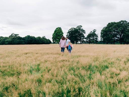 Family holding hands while walking on meadow model released Symbolfoto ASGF01361