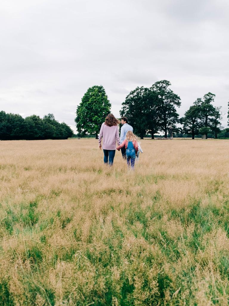 Family holding hands while walking on meadow model released Symbolfoto ASGF01361