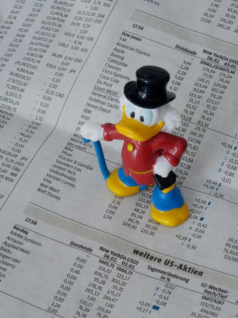 Eine Figur von Dagobert Duck steht auf der Börsenseite einer Zeitung.