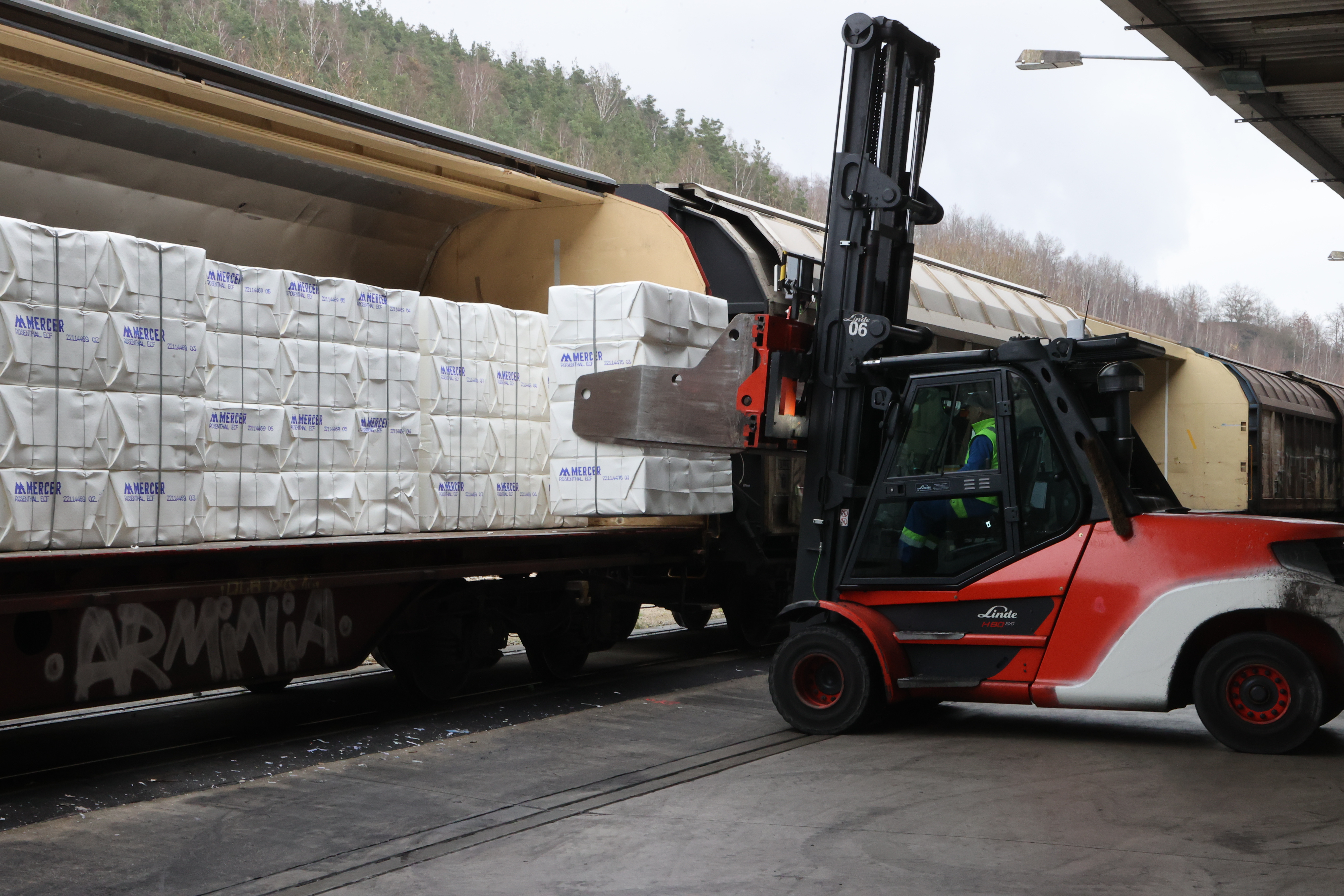 Fertige Paperstapel werden in einen Eisenbahnwagen verladen in einer Zellstoff- und Papierfabrik (Symbolbild)