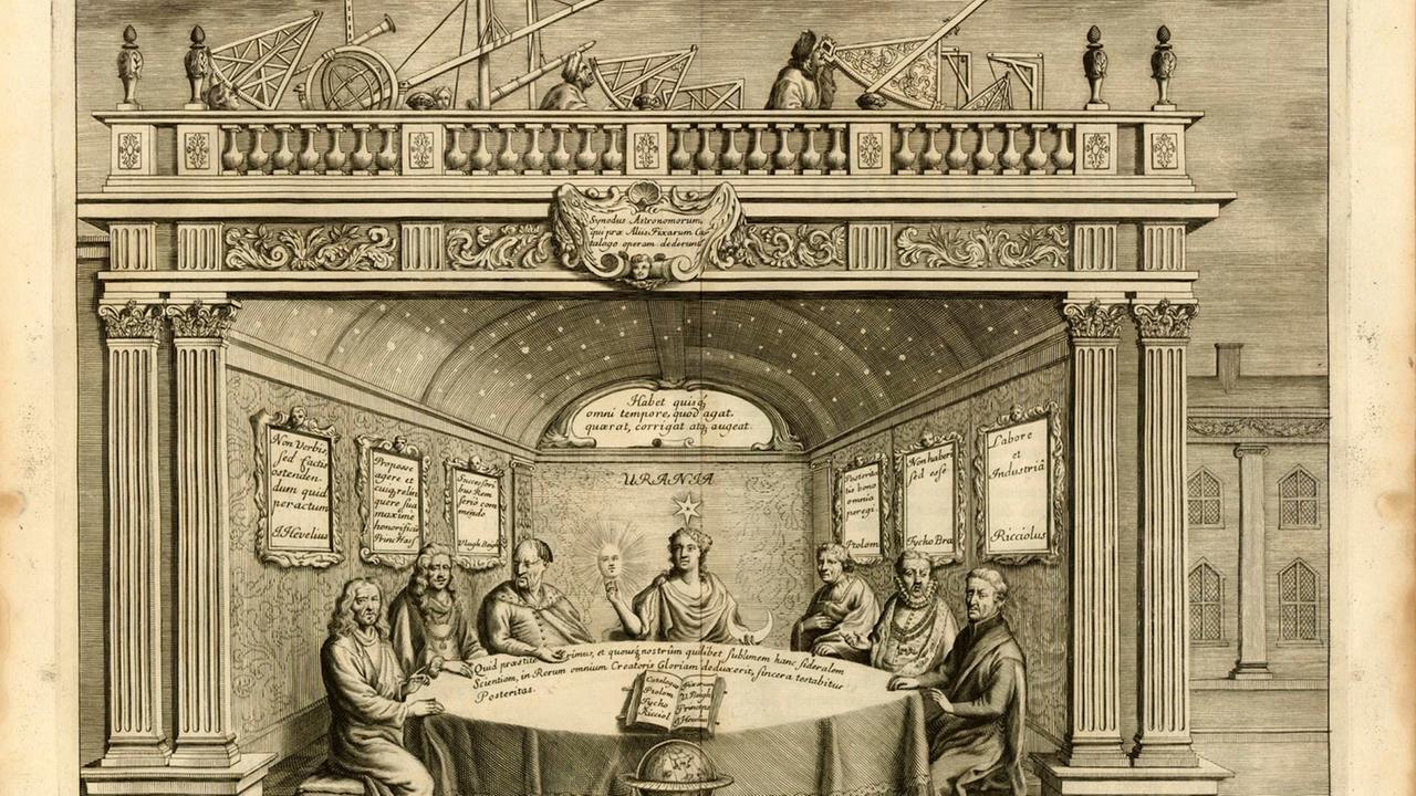 Titelblatt des Buches „Prodromus Astronomiae“ – ganz links sitzt Johannes Hevelius, neben einigen großen Astronomen. Seine Frau Elisabeth ist nicht abgebildet.