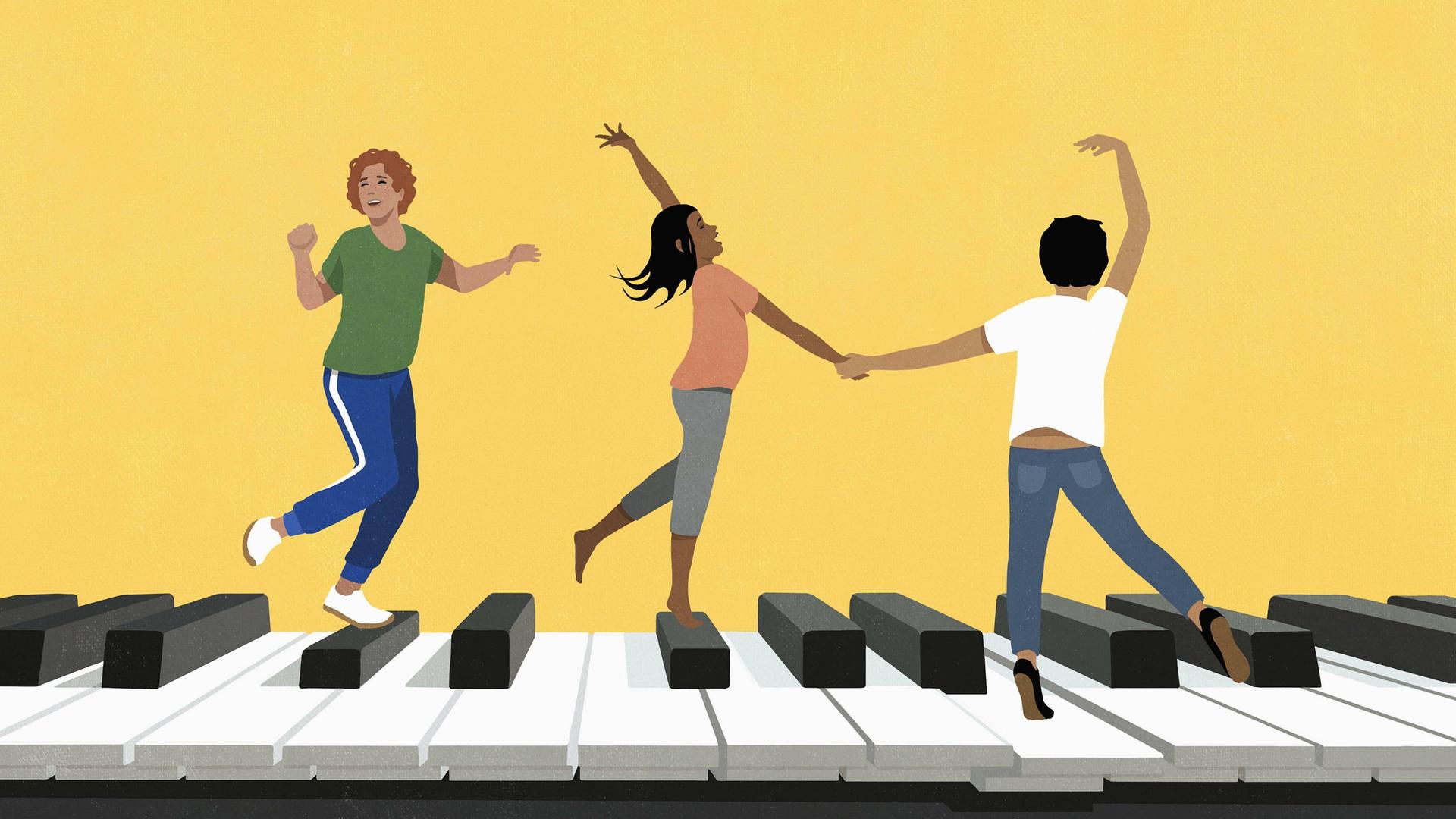 Illustration zeigt Freunde, die auf einem großen Piano vor gelbem Hintergrund tanzen Illustration zeigt Freunde, die auf einem großen Piano vor gelbem Hintergrund tanzen