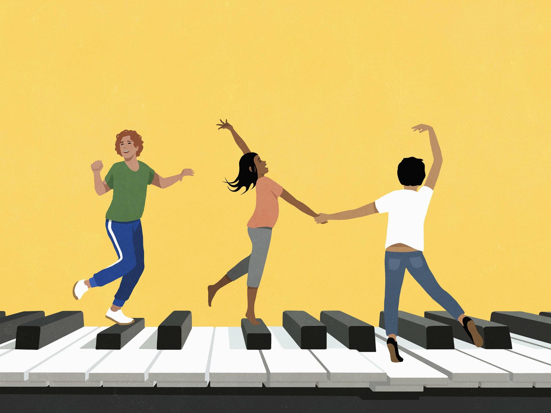 Illustration zeigt Freunde, die auf einem großen Piano vor gelbem Hintergrund tanzen