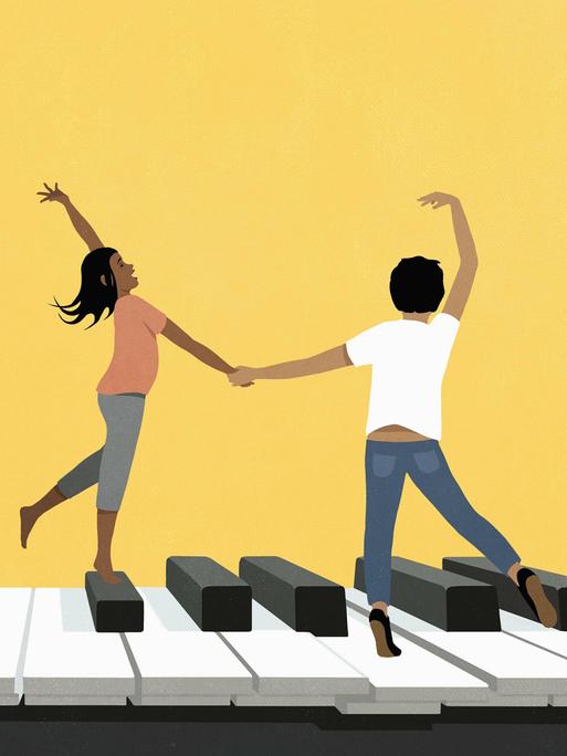 Illustration zeigt Freunde, die auf einem großen Piano vor gelbem Hintergrund tanzen