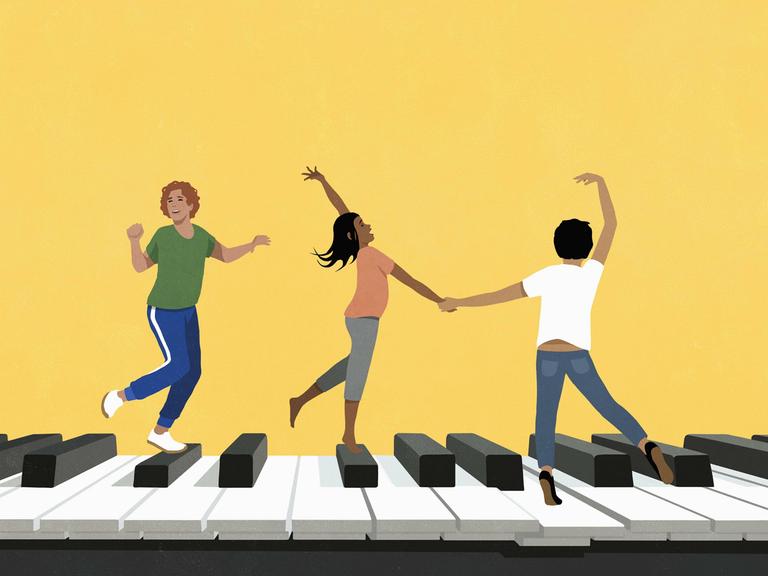 Illustration zeigt Freunde, die auf einem großen Piano vor gelbem Hintergrund tanzen