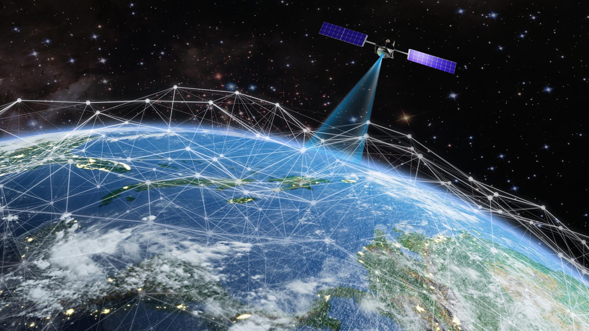 Ein Satellit sendet ein Signal zur Erde (grafische Darstellung)