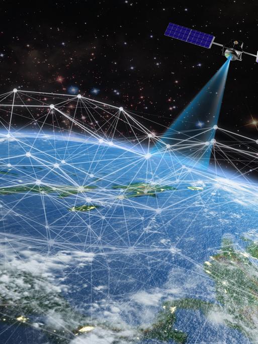 Ein Satellit sendet ein Signal zur Erde (grafische Darstellung)