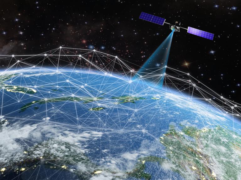 Ein Satellit sendet ein Signal zur Erde (grafische Darstellung)