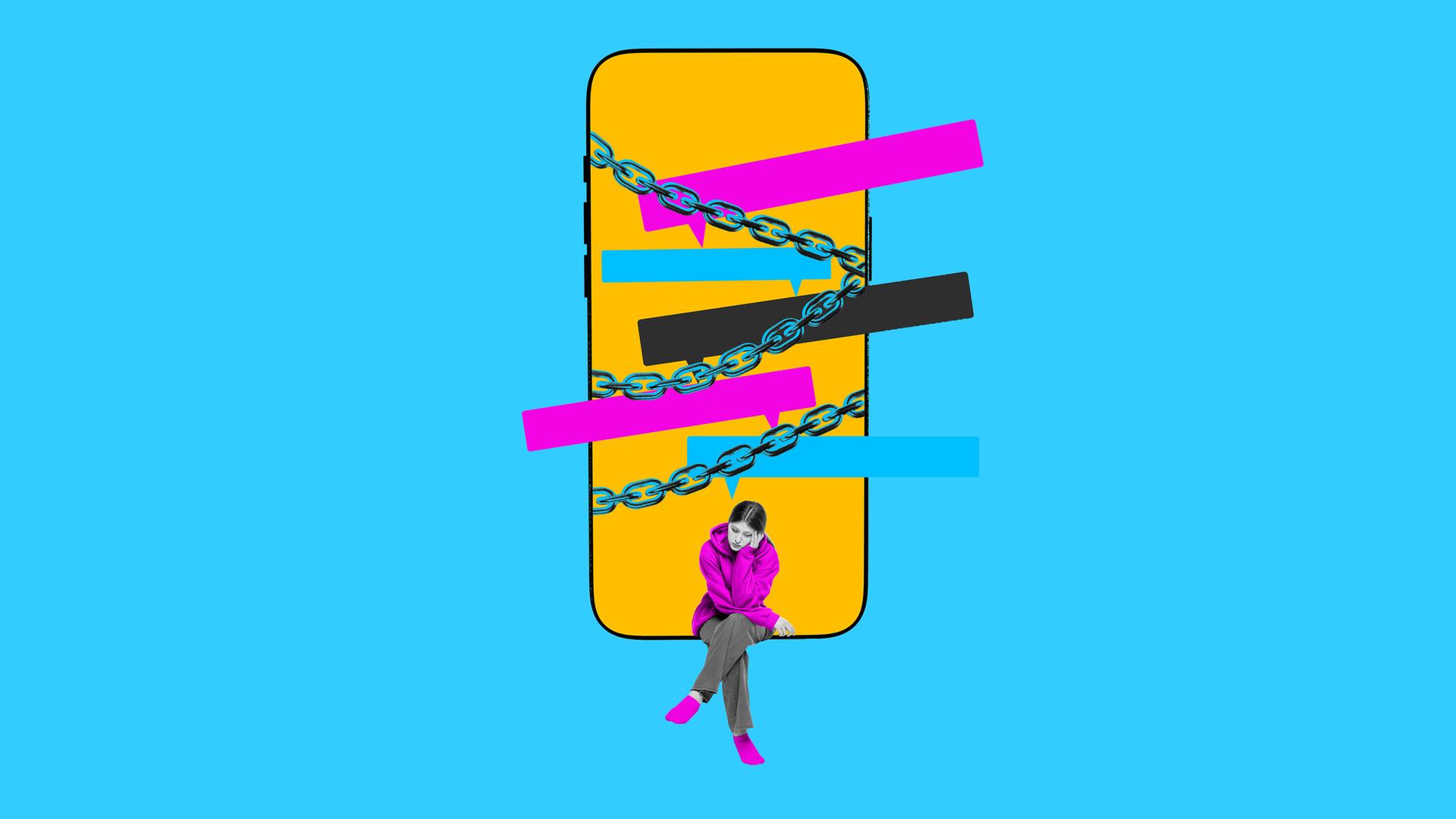 Illustration eines Smartphones, umschlungen von Metallketten. Auf dem Screen schweben Sprechblasen. Am Rande des Smartphones sitzt ein enttäuschtes Mädchen. Illustration eines Smartphones, umschlungen von Metallketten. Auf dem Screen schweben Sprechblasen. Am Rande des Smartphones sitzt ein enttäuschtes Mädchen.