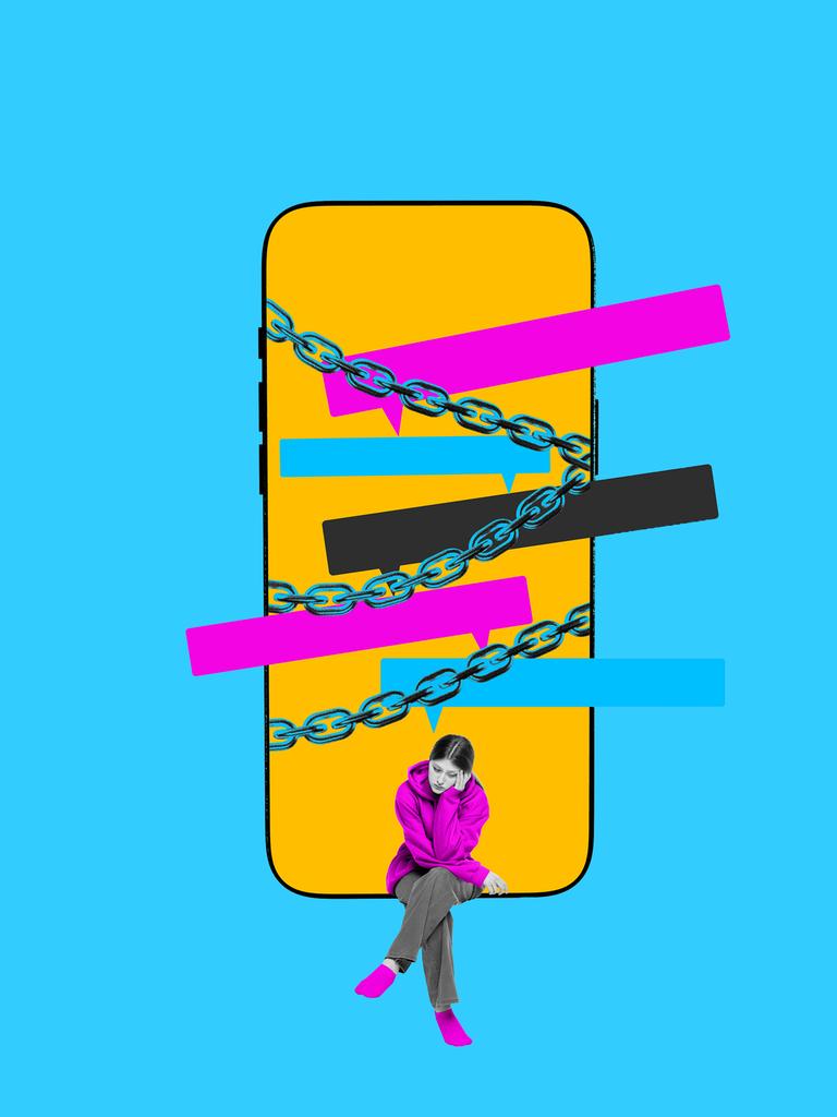 Illustration eines Smartphones, umschlungen von Metallketten. Auf dem Screen schweben Sprechblasen. Am Rande des Smartphones sitzt ein enttäuschtes Mädchen.