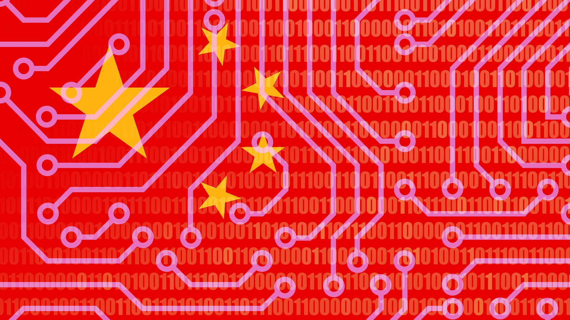 Illustration: Die Flagge Chinas auf digitalen Chipsymbolen.