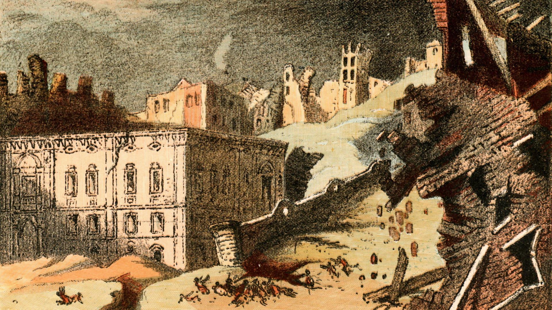 Eine Darstellung des großen Erdbebens von Lissabon im November 1755: Zu sehen sind eingestürzte, beschädigte und noch intakte Gebäude und offenbar tote Menschen, die auf dem Erdboden liegen.