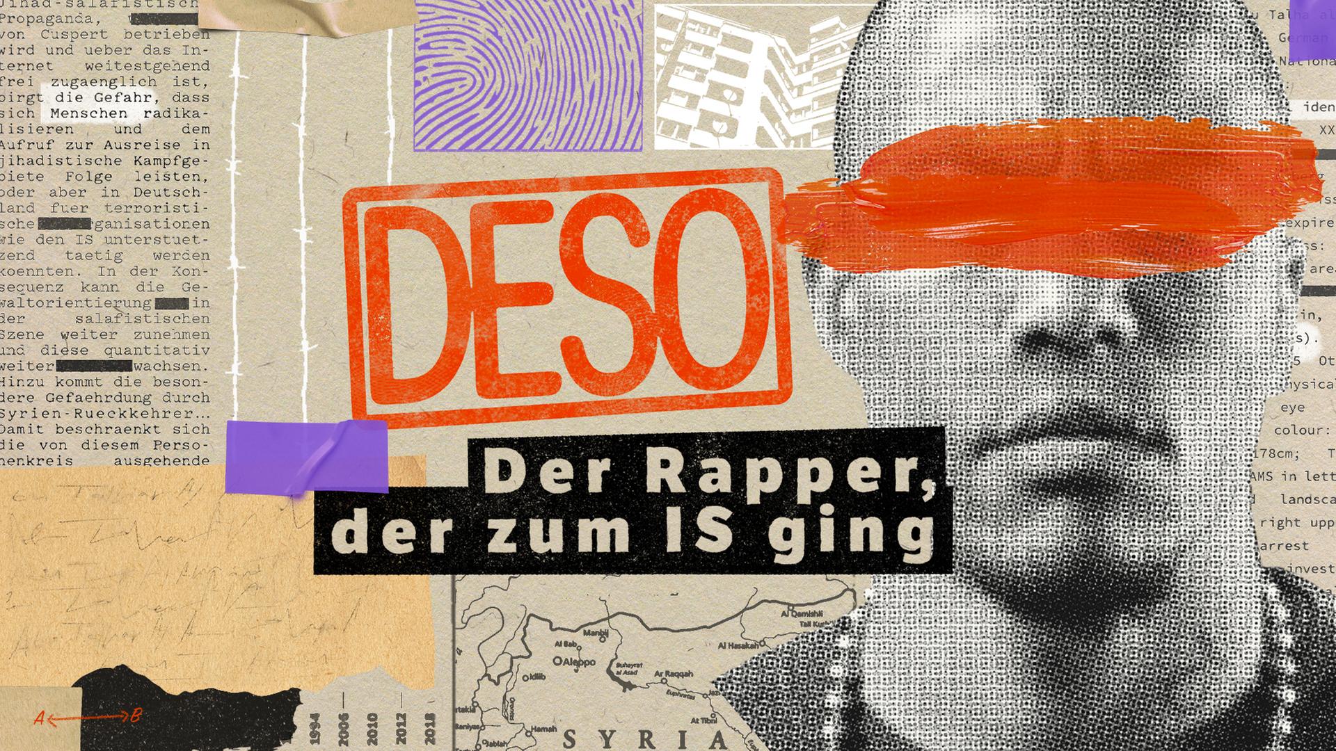 Eine Collage für den Podcast "Deso - Der Rapper, der zum IS ging". Darauf ist der Name es Podcast geschrieben. Außerdem ist ein Bild von Denis Cuspert, bei dem die Augen des Ex-Rappers durchgestrichen sind. Eine Collage für den Podcast "Deso - Der Rapper, der zum IS ging". Darauf ist der Name es Podcast geschrieben. Außerdem ist ein Bild von Denis Cuspert, bei dem die Augen des Ex-Rappers durchgestrichen sind.