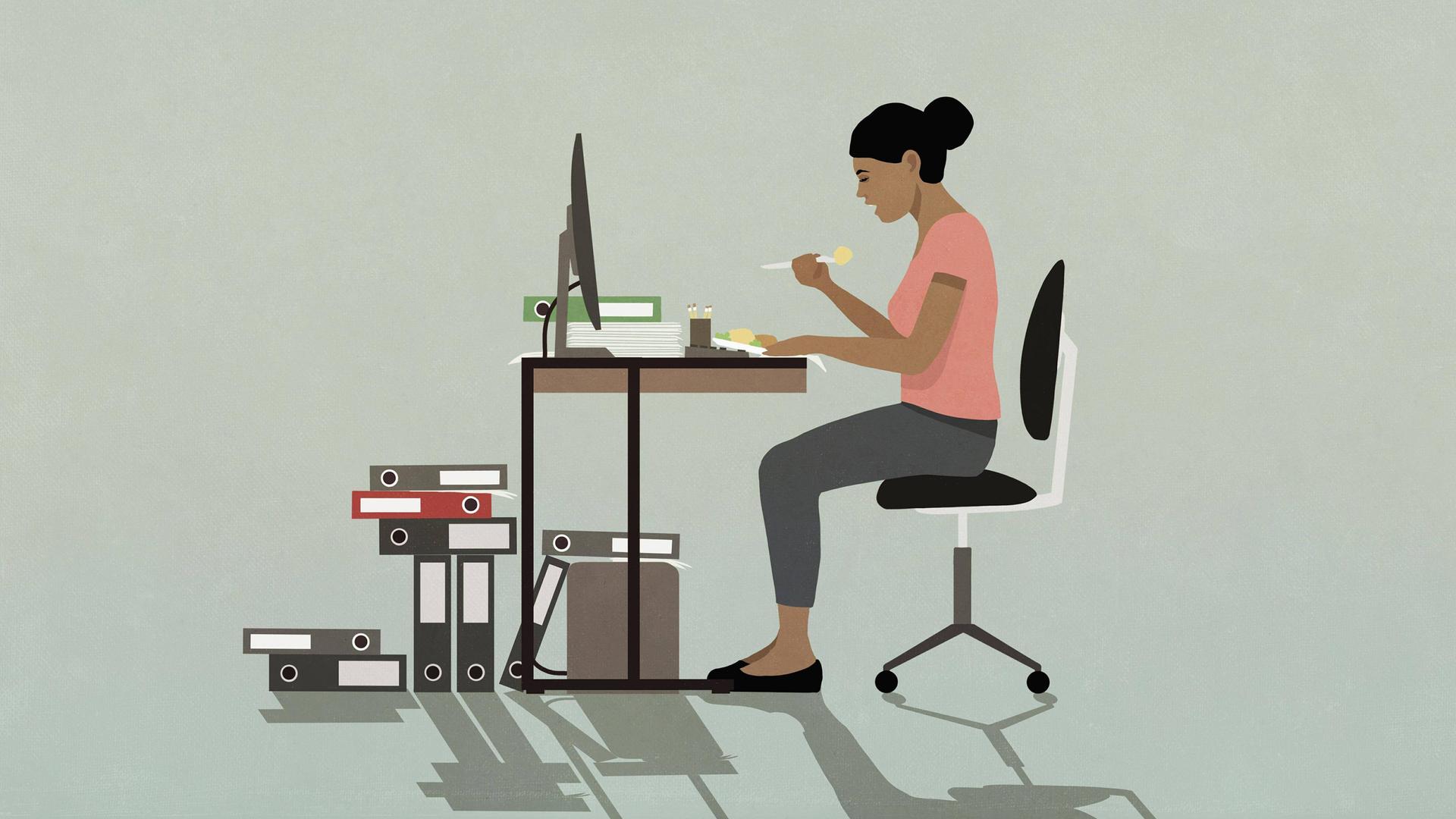 Eine Frau isst am Schreibtisch (Illustration).