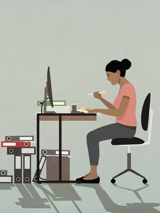 Eine Frau isst am Schreibtisch (Illustration). Eine Frau isst am Schreibtisch (Illustration).