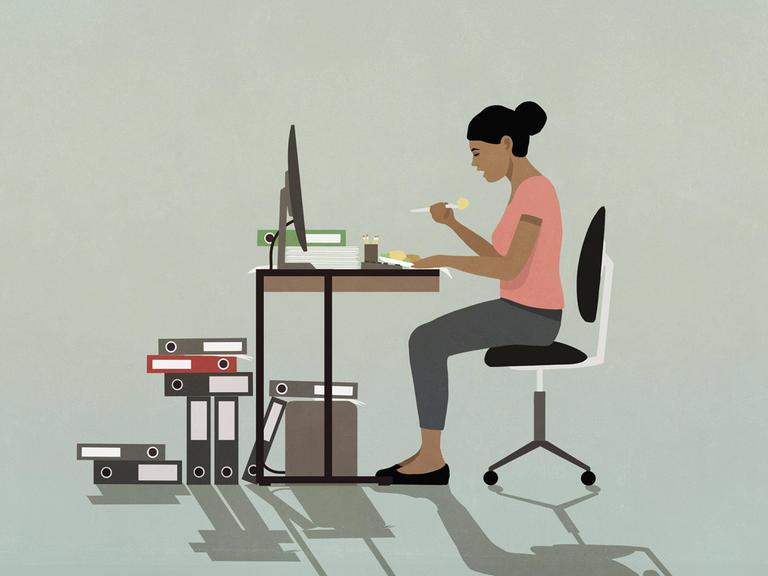 Eine Frau isst am Schreibtisch (Illustration). Eine Frau isst am Schreibtisch (Illustration).