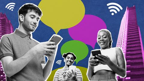 Collage einer Gruppe von Menschen mit Smartphones.