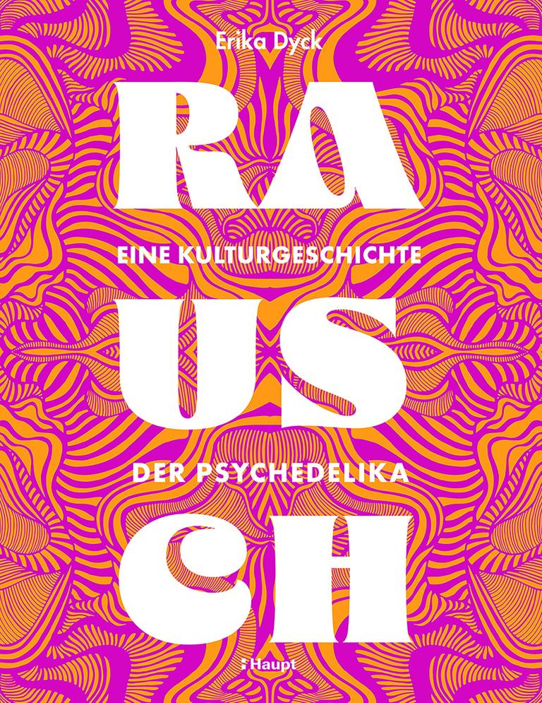 Buchcover mit dem Titel "RAUSCH: Eine Kulturgeschichte der Psychedelika" von Erika Dyck. Der Hintergrund ist farbenfroh und psychedelisch gestaltet, mit geschwungenen Linien in leuchtenden Pink-, Orange- und Gelbtönen.