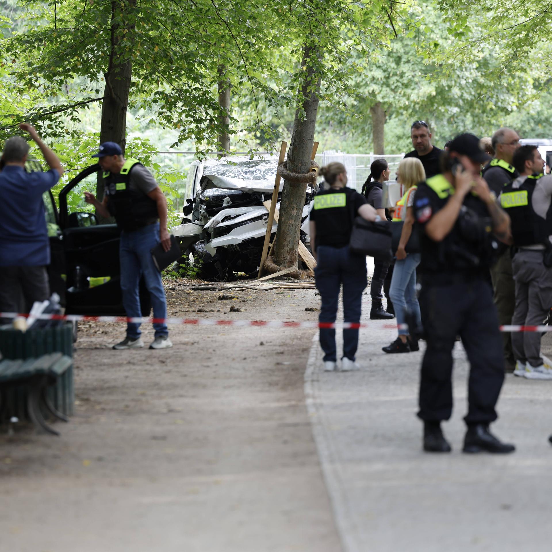 Blick auf einen Parkweg. Am Ende steht ein ramponiertes Auto vor einem Baum. Am Rande des Weges stehen Einsatzwagen und Kräfte von Polizei und Behörden.