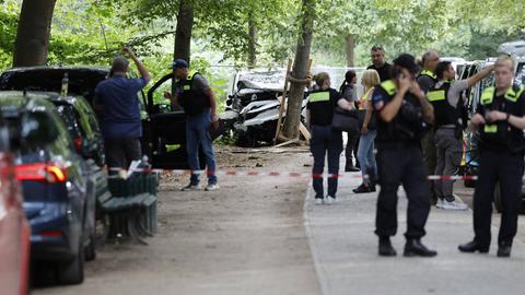 Blick auf einen Parkweg. Am Ende steht ein ramponiertes Auto vor einem Baum. Am Rande des Weges stehen Einsatzwagen und Kräfte von Polizei und Behörden.