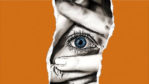 Illustration einer Frau die sich in Panik die Hände vor die Augen hält. Die Seiten der Illustration sind orange.