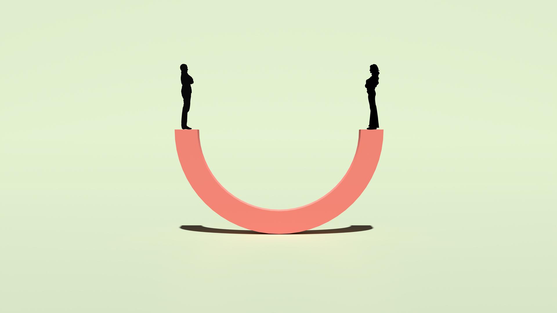 Die Illustration zeigt einen Mann und eine Frau die auf einer orangefarbenen Waage in Form eines Bogen balancieren und sich in Waage halten. 