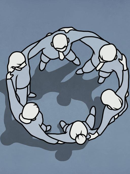 Frauen und Männer – diese tragen Krawatten – fassen sich um die Schultern und bilden einen Kreis. 