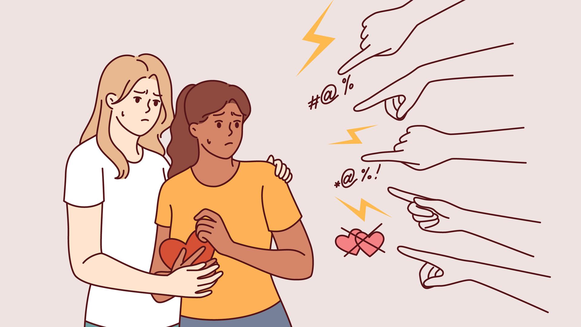 Zwei als Cartoon gezeichnete Frauen schauen verzagt, anscheinend schämen sie sich. Sie halten Herzen in ihrer Hand, von außen kommen Striche auf sie zu, die Kommentaren entsprechen könnten.  