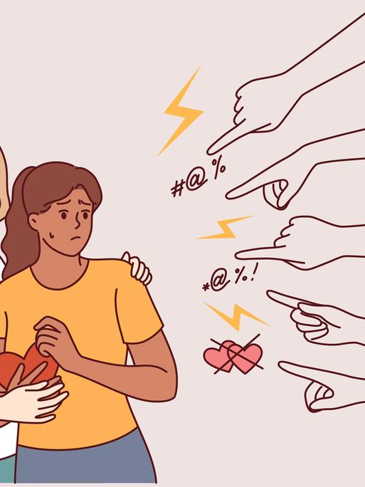 Zwei als Cartoon gezeichnete Frauen schauen verzagt, anscheinend schämen sie sich. Sie halten Herzen in ihrer Hand, von außen kommen Striche auf sie zu, die Kommentaren entsprechen könnten.  