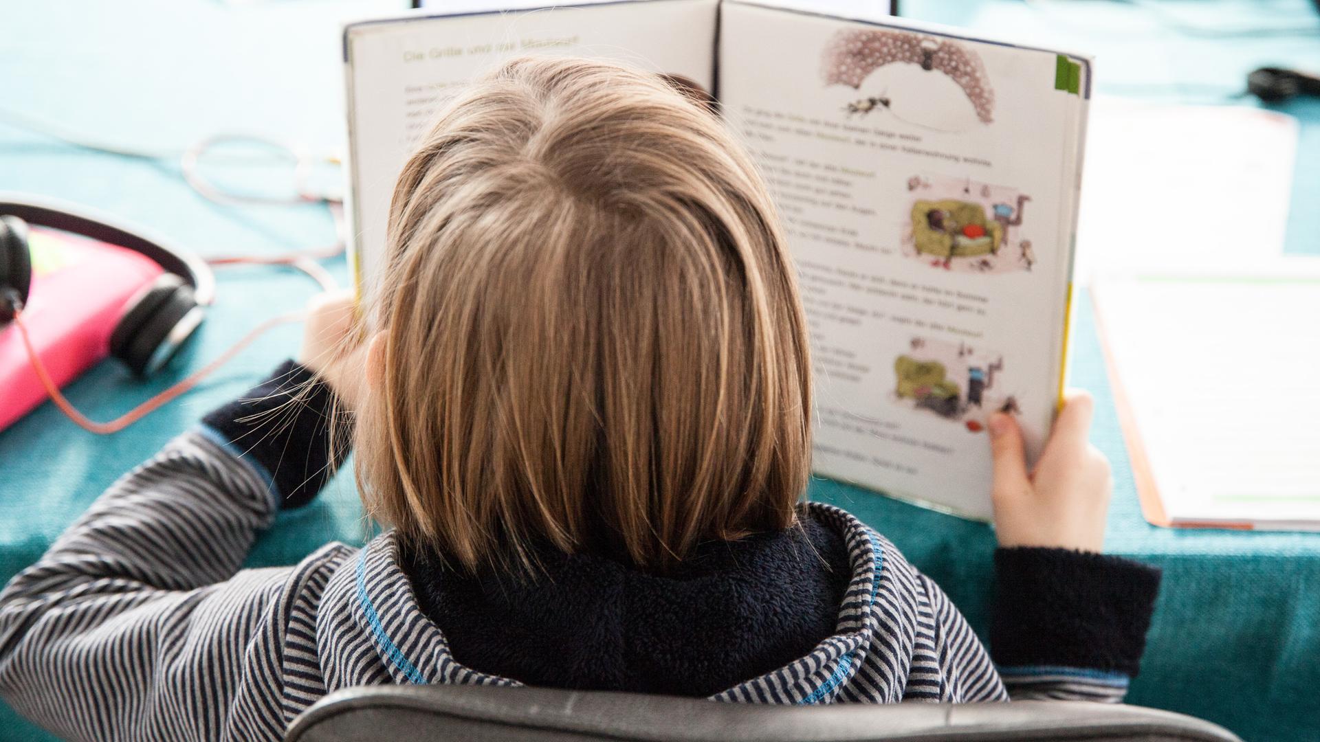 Ein Schulkind hat ein Schulbuch in der Hand, sitzt an einem Tisch und liest. Man sieht es von hinten.